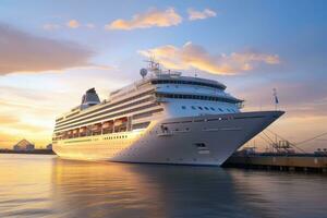 AI generated Cruise ship in the port of Odessa, Ukraine at sunset, A large white cruise ship stands near the pier at sunset, AI Generated photo