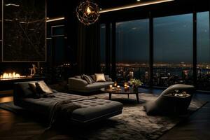 AI generated Luxury living room with a view of the city at night, A lavish and dark penthouse lounge, AI Generated photo