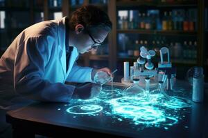 AI generated scientist working with blue light in laboratory. science and chemistry concept, A laboratory technician makes microscopic bacteriological examination with the reagents, AI Generated photo