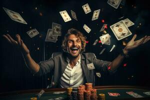 ai generado hermoso joven hombre jugando póker a casino. casino concepto, un contento hombre victorioso póker en casino y dinero volador alrededor a él, ai generado foto