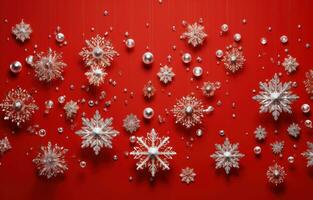 AI generated large snowflakes falling from a red background, photo