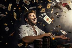 AI generated Happy young man playing poker and throwing money in the air with smoke, A happy man winning poker in casino and money flying around him, AI Generated photo