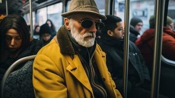 ai generado hombres vestido en invierno abrigos y negro gorra en un público transporte, foto