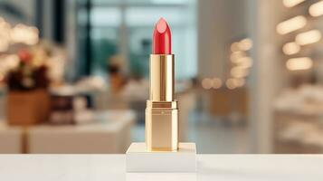 AI generated lipstick with blank front, realistic on a mockup template in a table in a luxury store photo