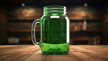 AI generated green beer jar with blank front, realistic on a mockup template in a wooden table in a irish pub photo