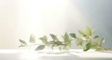 AI generated green leaves in white background on a white table, photo