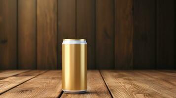 AI generated gold beer can with blank front, realistic on a mockup template in a table in a irish pub, photo