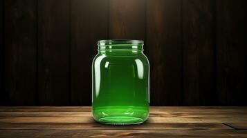 AI generated green beer jar with blank front, realistic on a mockup template in a wooden table in a irish pub photo