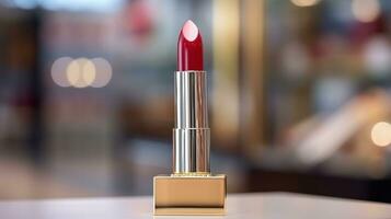 AI generated lipstick with blank front, realistic on a mockup template in a table in a luxury store photo