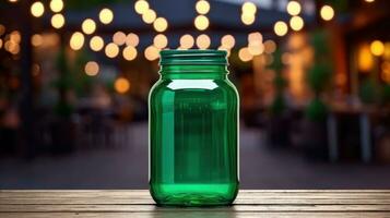 AI generated green beer jar with blank front, realistic on a mockup template in a wooden table in a irish pub photo