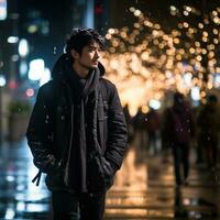 AI generated handsome young man walking at night, photo