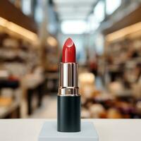 AI generated lipstick with blank front, realistic on a mockup template in a table in a luxury store photo