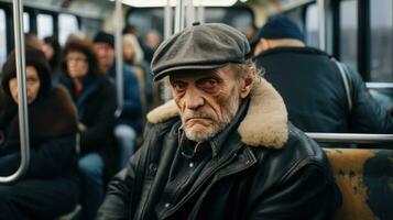 ai generado hombres vestido en invierno abrigos y negro gorra en un público transporte, foto