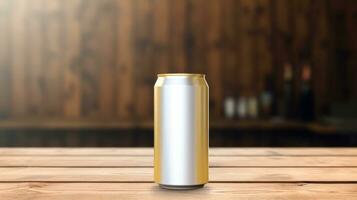 AI generated gold beer can with blank front, realistic on a mockup template in a table in a irish pub, photo