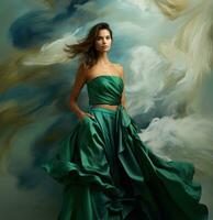 AI generated girl in green gown standing in front of a wall and painting, photo