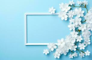 AI generated flowers leaves and white frame on the blue background, photo