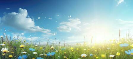 ai generado flores en un herboso campo y sol, foto