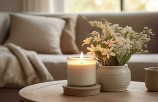 AI generated flowers and candles in a pot on a table in living room, photo