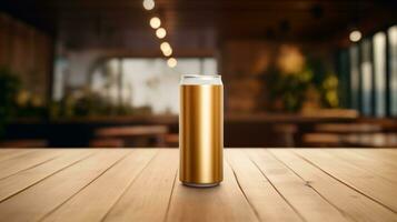 AI generated gold beer can with blank front, realistic on a mockup template in a table in a irish pub, photo