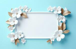 AI generated flowers leaves and white frame on the blue background, photo