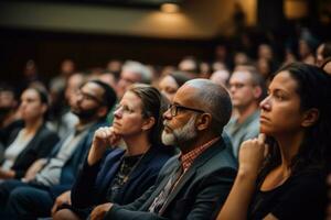 AI generated Speaker at Business Conference and Presentation. Audience at the conference hall. Business and Entrepreneurship, A diverse audience listening intently to a keynote address, AI Generated photo