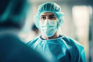 Surgeon looking at camera during operation in operating room at the hospital, A focused doctor in scrubs and mask stands in an operating room, AI Generated photo