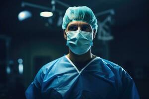 AI generated Portrait of surgeon in operation room at hospital. Medical background, A focused doctor in scrubs and mask stands in an operating room, AI Generated photo