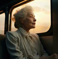 AI generated elderly woman on a train, looking away, photo