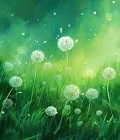 AI generated dandelion in front of an autumn green background, photo