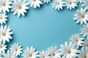 AI generated daisy frame with white flowers on a blue background, photo