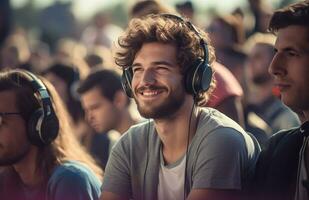 ai generado DJ sentado arriba en el multitud a un festival con auriculares, foto