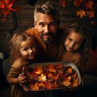 AI generated father and two small girls with a tray of autumn leaves, photo