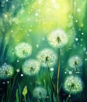 AI generated dandelion in front of an autumn green background, photo