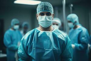AI generated Portrait of surgeon standing in operating room with colleagues in the background, A focused doctor in scrubs and mask stands in an operating room, AI Generated photo