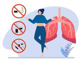 Woman with stop sign quits smoking. Ex-smoker with new health life. Concept of stop smoking, healthy habits. No tobacco day. Vector illustration.