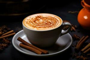 AI generated Cappuccino with cinnamon and star anise on black background, A detailed shot of a creamy sweet potato latte garnished with cinnamon, AI Generated photo