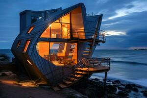 ai generado antiguo Embarcacion en el playa a atardecer, bali, Indonesia, un creativamente diseñado casa por el playa foto