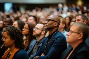 AI generated Speaker at Business Conference and Presentation. Audience at the conference hall. Business and Entrepreneurship, A diverse audience listening intently to a keynote address, AI Generated photo