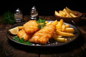 AI generated Fish and chips on a plate on a wooden background. Selective focus, A delicious plate of two golden battered fish fillets served, AI Generated photo