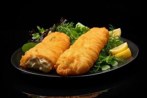 ai generado frito primavera rollos con limón y ensalada en un negro fondo, un delicioso plato de dos dorado abollado pescado filetes servido, ai generado foto