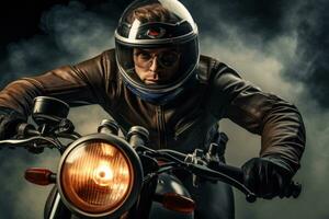 AI generated Biker in leather jacket and helmet on a motorcycle in smoke, A man wearing a helmet and riding a motorcycle, AI Generated photo