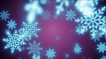 jul festlig ljus ny år bakgrund av blå lysande vinter- skön faller flygande snöflingor mönster på lila bakgrund video