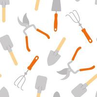 Vector Seamless pattern with garden tools set isolated on white background. Gardening elements in flat cartoon style - shovel, rake, secateurs