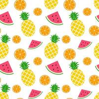 Fresh and juicy pineapple, watermelon and orange. Seamless vector pattern on white. Summer fruits