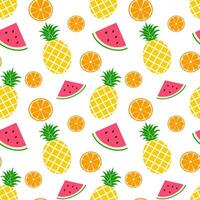 Fresh and juicy pineapple, watermelon and orange. Seamless vector pattern on white. Summer fruits