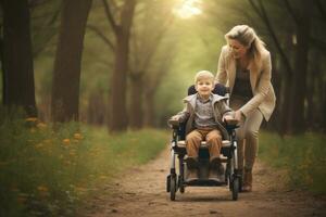 ai generado joven madre caminando con su bebé en un silla de ruedas en el parque, un madre con un incapacitado chico en un silla de ruedas caminando en naturaleza, ai generado foto