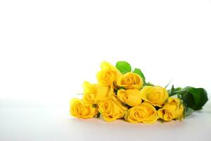 Yellow natural roses bouquet on white background, mockup card photo