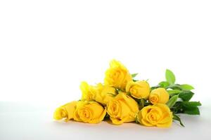 Yellow natural roses bouquet on white background, mockup card photo