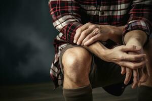 ai generado hombre sufrimiento desde rodilla dolor, sentado en de madera piso en oscuro habitación, un hombre sostiene en a dolorido rodilla, ai generado foto