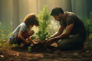 AI generated Father and son planting a tree in the forest. Concept of caring for nature, A diverse family honors a loved one's memory by jointly planting a tree in a serene forest, AI Generated photo